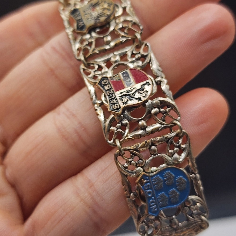 Vintage Estate Panel Link Bracelet Silver Gold Tone Enamel Austria Crests 7.5"
